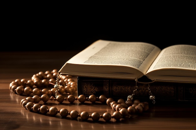 libro sagrado corán y rosario en la mesa de cerca