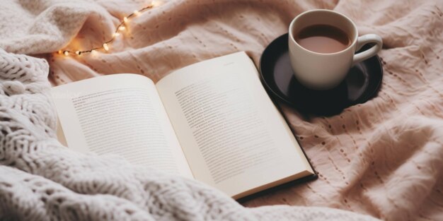 Un libro sobre una cama con una taza de café sobre la mesa.