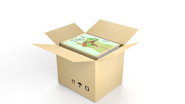 Libro sobre la dieta con portada ilustrada dentro de una caja de cartón abierta sobre fondo blanco.