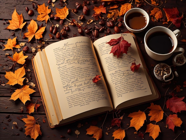 Un libro sobre una mesa con hojas de otoño y una taza de café.