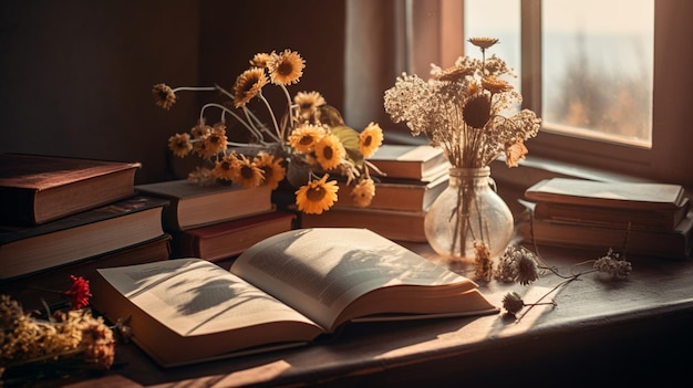 Un libro sobre una mesa con un jarrón de flores.