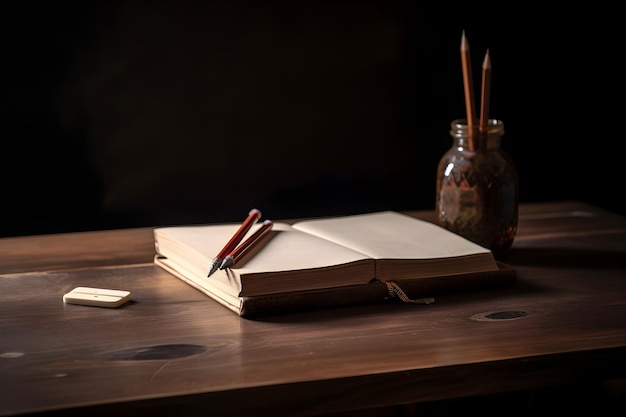 Un libro sobre una mesa de madera con un lápiz y un bote de pintura.