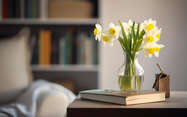 Un libro sobre una mesa con narcisos en un jarrón.