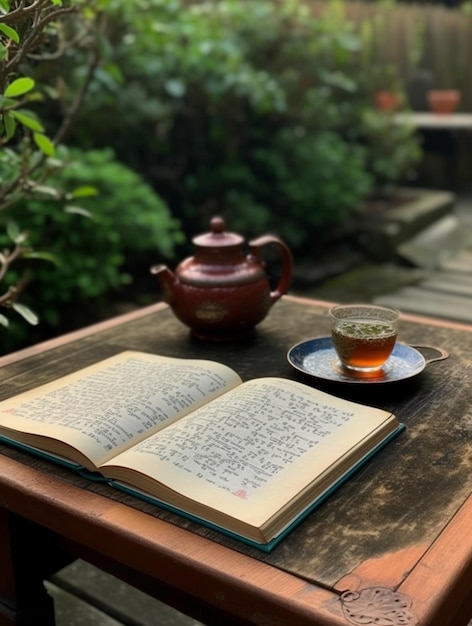 Un libro sobre una mesa con una taza de té y una tetera.