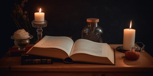 Un libro sobre una mesa con una vela al fondo.