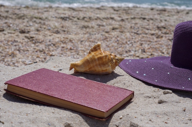 Libro y sombrero en la playa.