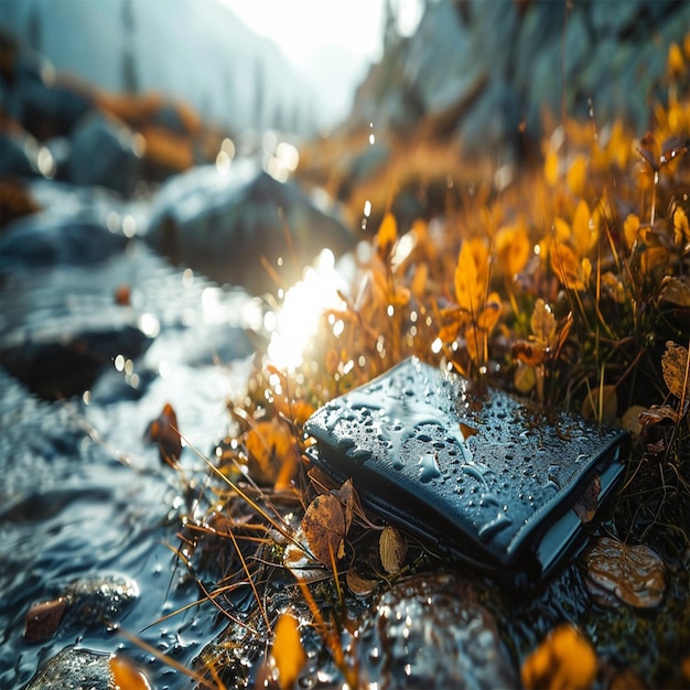 un libro en el suelo con gotas de lluvia en él