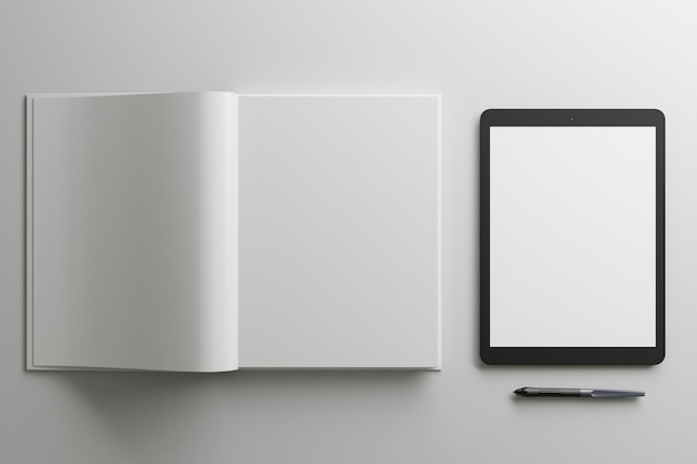 Un libro con tableta inteligente y una bandeja en la mesa Gray Render Image For Mockup