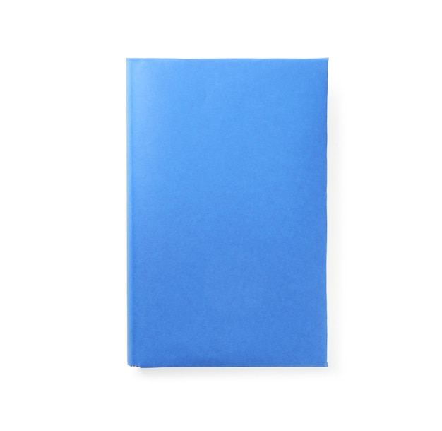 Libro con tapa azul en blanco aislado en la vista superior blanca