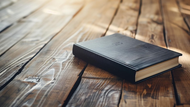 Un libro de tapa dura negra cerrado en una mesa de madera rústica