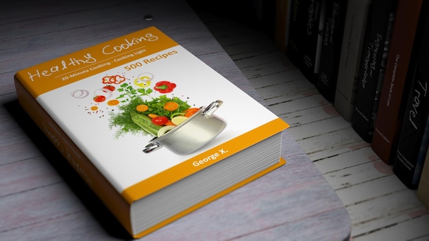 Libro de tapa dura sobre Cocina Saludable con ilustración en la cubierta sobre superficie de madera
