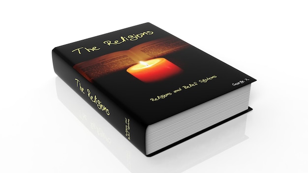 Libro de tapa dura sobre las religiones con ilustración en la cubierta aislado sobre fondo blanco.