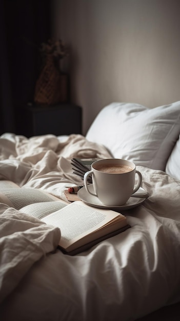 Un libro y una taza de café en una cama con un libro en el plato.