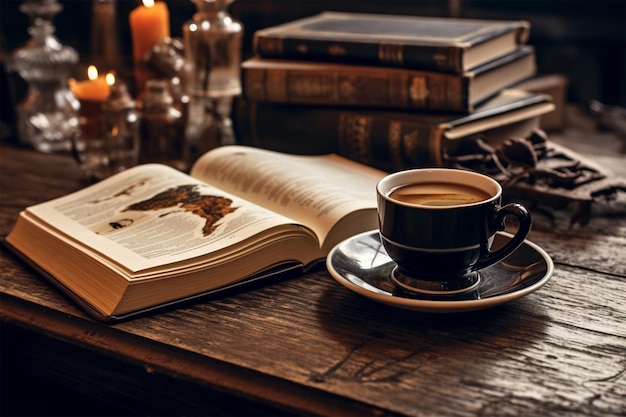 un libro y una taza de café en una mesa con un libro en ella