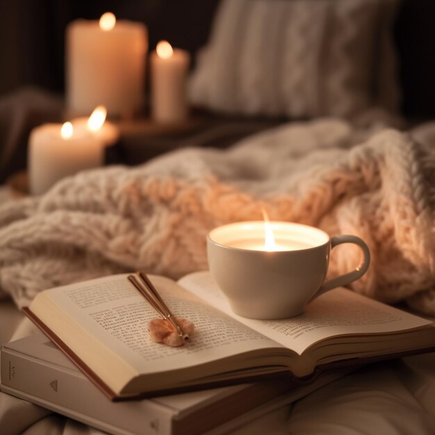 Un libro y una taza de café sobre un libro sobre una cama con velas al fondo.