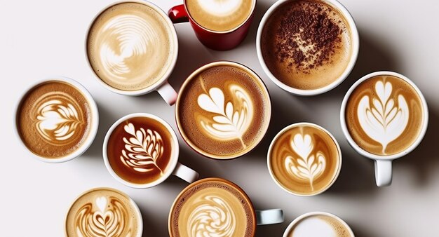 Libro de tazas de café con diferentes tipos de bebidas y diferentes diseños de espuma de arte latte Vista superior de cerca espacio de copia IA generativa