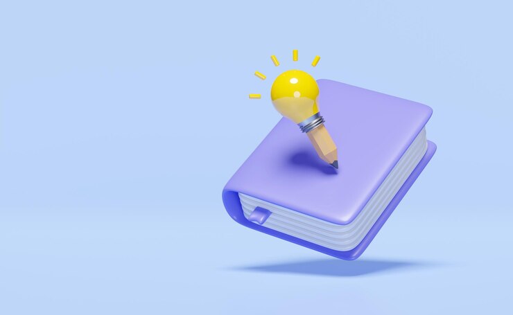 Libro de texto 3D púrpura icono de libro cerrado con lámpara de luz lápiz aislado en fondo azul idea consejo educación conocimiento crea ideas concepto mínimo abstracto 3D render ilustración trayectoria de recorte
