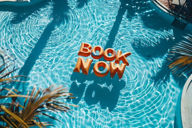 Libro de vacaciones de verano ahora mensaje piscina flota en una piscina de vacaciones