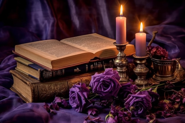 Un libro y velas sobre una mesa con flores moradas.