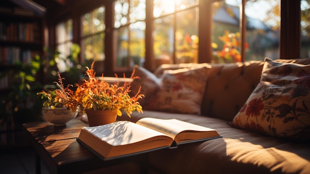 libro en la ventana al atardecer