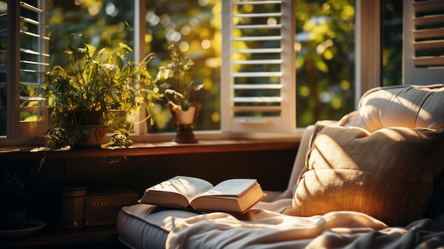 libro en la ventana al atardecer