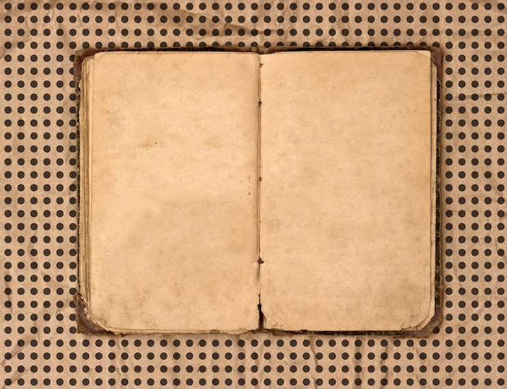 Foto libro viejo abierto sobre fondo de lunares con textura grungy