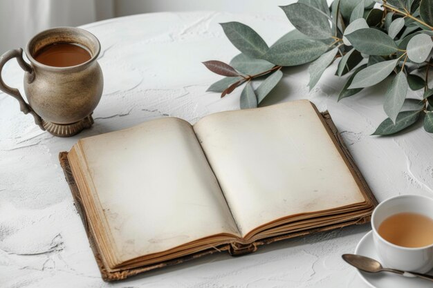 Un libro viejo abierto y una taza rústica de té en una mesa de textura blanca