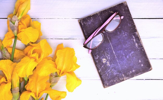 Libro viejo con gafas sobre un fondo de madera blanco