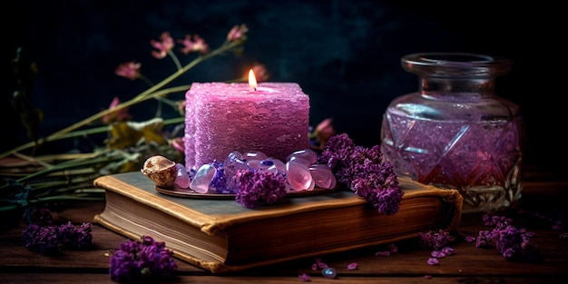 Libro vintage con velas de lavanda y cristales sobre mesa de madera rústica