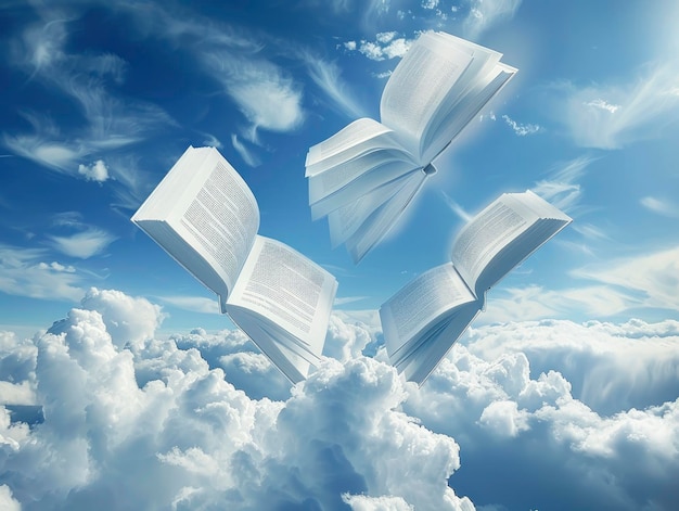 Foto libros abiertos volando en el cielo