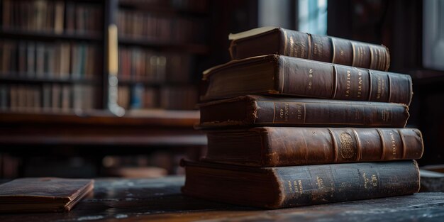 Libros antiguos apilados en una mesa de madera en una biblioteca clásica entorno colección antigua atmósfera nostálgica concepto educativo e histórico IA