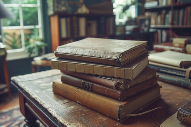 Libros antiguos apilados en una mesa de madera en una sala de biblioteca clásica con estantes antiguos