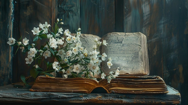 Libros antiguos con un arreglo floral en una página abierta