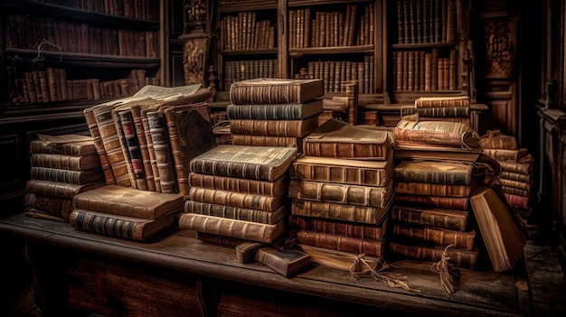 Foto libros antiguos en una biblioteca de madera ia generativa