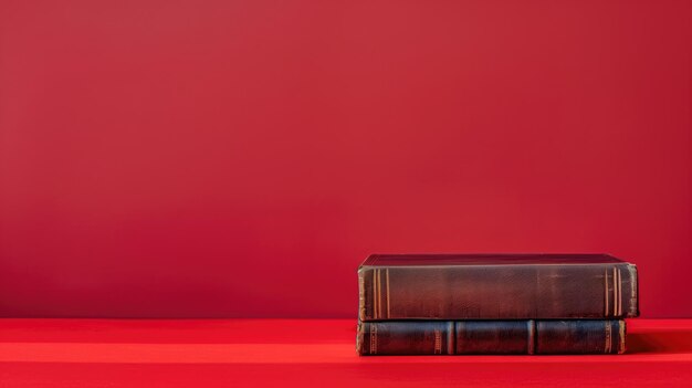 Libros antiguos encuadernados en cuero apilados sobre un fondo rojo vibrante