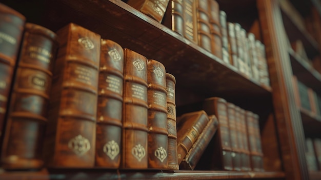 Libros antiguos encuadernados en cuero en una estantería Imagen de biblioteca antigua