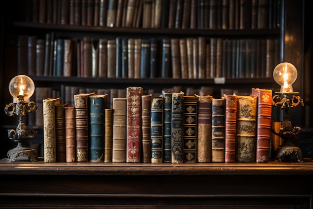 Libros antiguos en un estante de madera acentuados por un rayo de luz