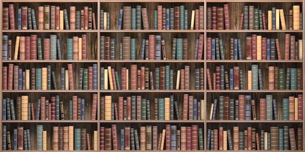 Libros antiguos en estanterías de biblioteca antigua. Concepto de educación y literatura. Ilustración 3d