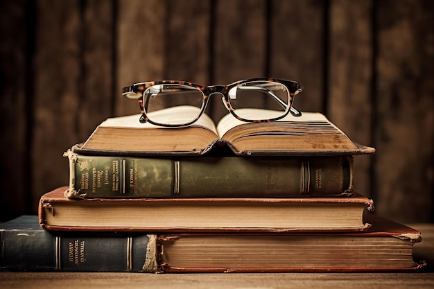 Libros antiguos y gafas de lectura en una fila clásica