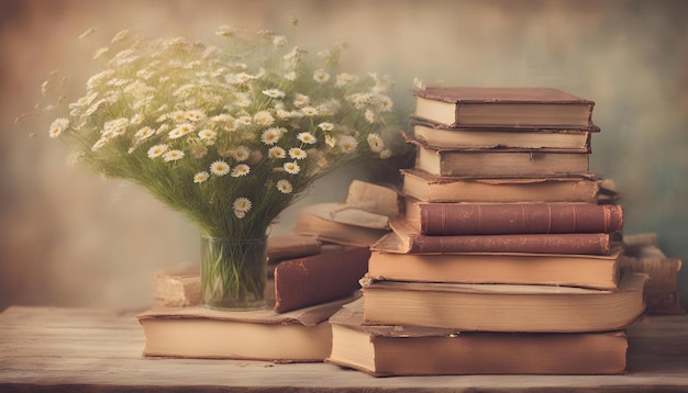 Libros antiguos con un ramo de flores de campo fondo nostálgico del verano