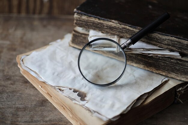 Libros antiguos sobre una mesa de madera y una lupa de cristal.