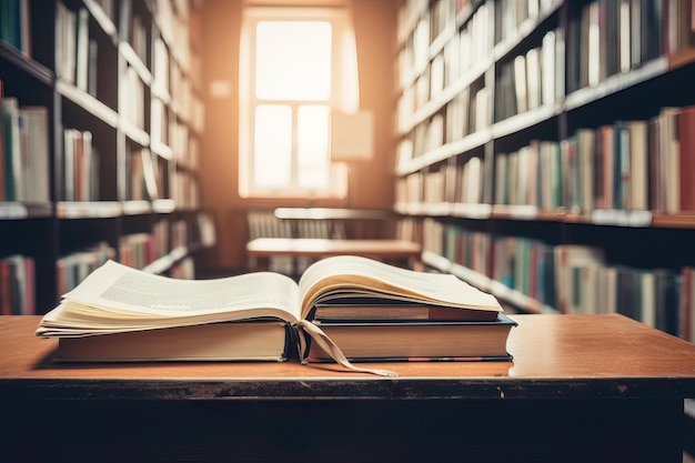 Libros apilados en una biblioteca Día del maestro Concepto de educación