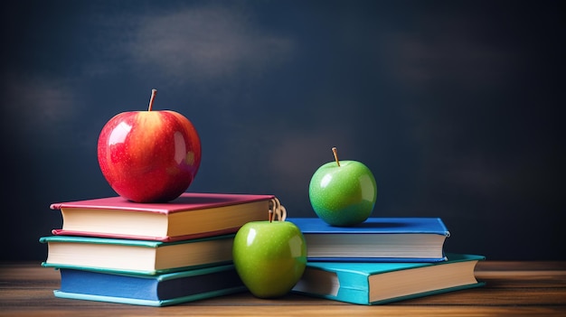 Libros apilados en un escritorio de madera en preparación para la temporada de regreso a la escuela IA generativa