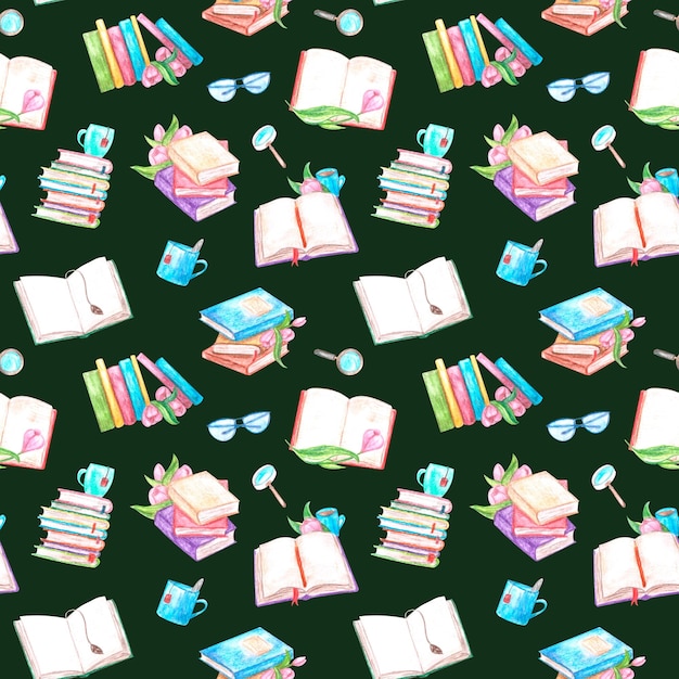 Libros apilados y flores abiertas tulipanes gafas y lupa acuarela ilustración sin costuras