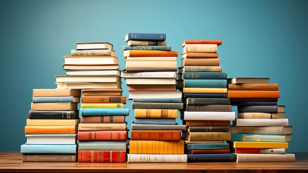 Libros apilados libros abiertos libros de tapa dura en mesa de madera y azul