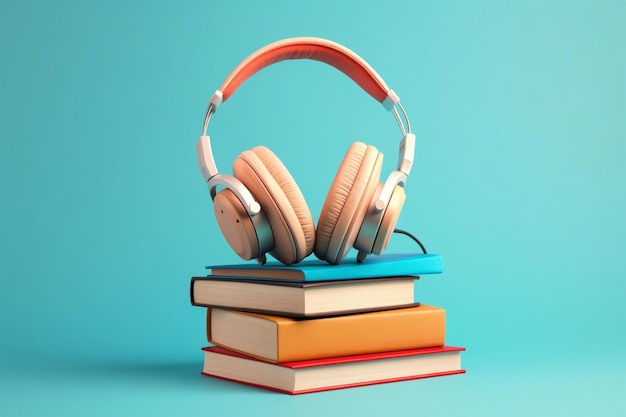 Libros y auriculares sobre fondo azul generado Ai