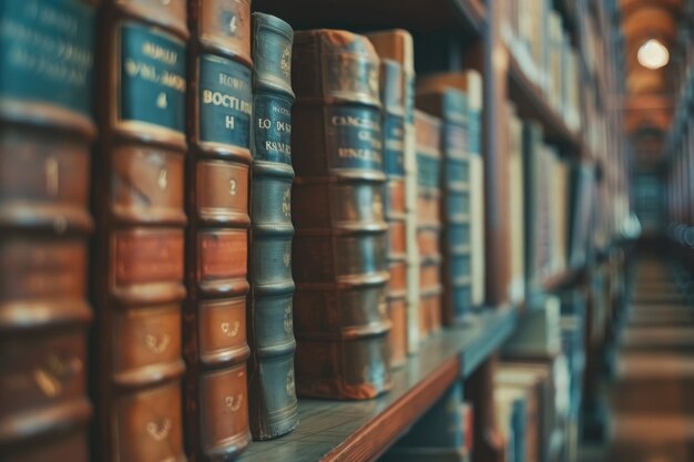 Libros borrosos en el fondo de la estantería de la biblioteca