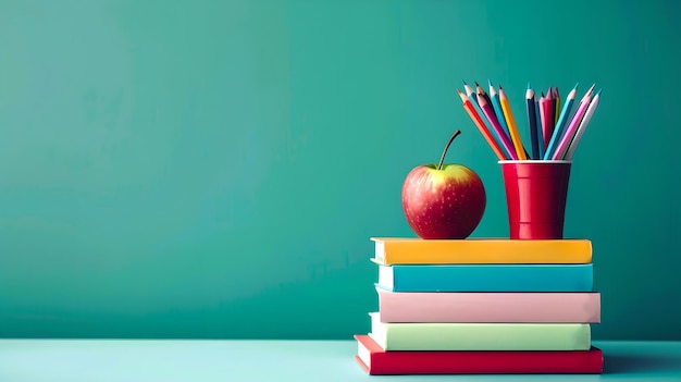 Libros de colores brillantes en un escritorio con lápices y una manzana Representa el aprendizaje Imagen de stock educativa limpia y simple Ideal para temas de regreso a la escuela IA