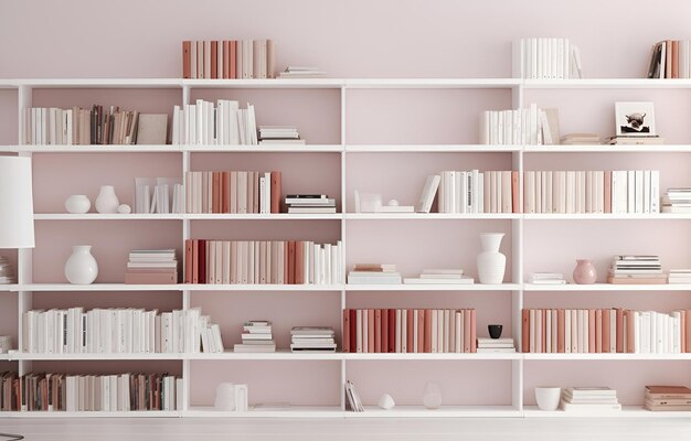 libros coloridos en estantes en un armario de madera blanca en una habitación blanca con luz suave y diseño