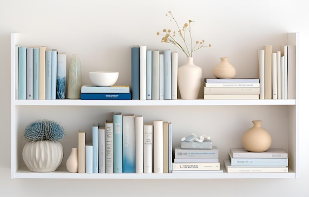 libros coloridos en estantes en un armario de madera blanca en una habitación blanca con luz suave y diseño